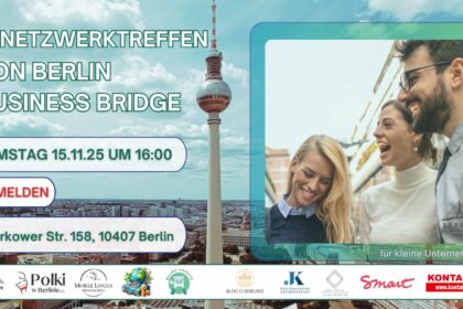 Plakat zapraszający na 8. Netzwerktreffen von Berlin Business Bridge w Berlinie, spotkanie networkingowe dla przedsiębiorców.