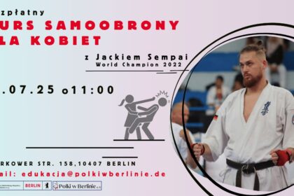 Plakat informacyjny zapraszający na darmowy kurs samoobrony dla kobiet w Berlinie