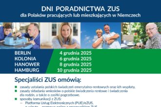 Plakat zapraszający na Dni Poradnictwa ZUS w Berlinie w Ambasadzie RP