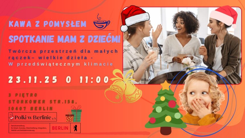 Plakat zapraszający na spotkanie dla mam i dzieci Kawa z Pomysłem w Berlinie