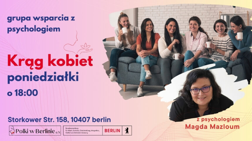 Grafika zapraszająca na Krąg kobiet w Berlinie – grupę wsparcia dla kobiet