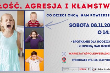 Grafika zapraszająca na warsztat "Złość, agresja i kłamstwo" w Berlinie dla rodziców