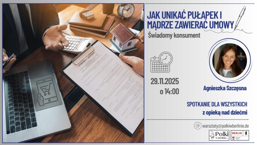 Plakat zapowiadający darmowe warsztaty "Świadomy konsument" w Berlinie