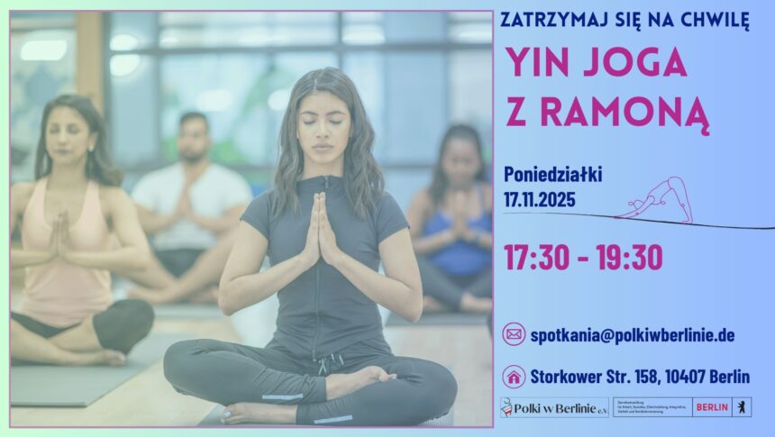 Plakat zapraszający na bezpłatne warsztaty Yin Joga z Ramoną w Berlinie dla kobiet.